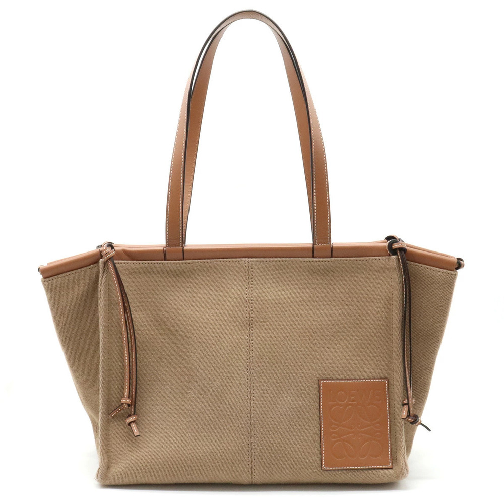 Loewe Cushion Tote Bag Shoulder Hobo Carry Canvas Leather Cork Brown Camel Brown